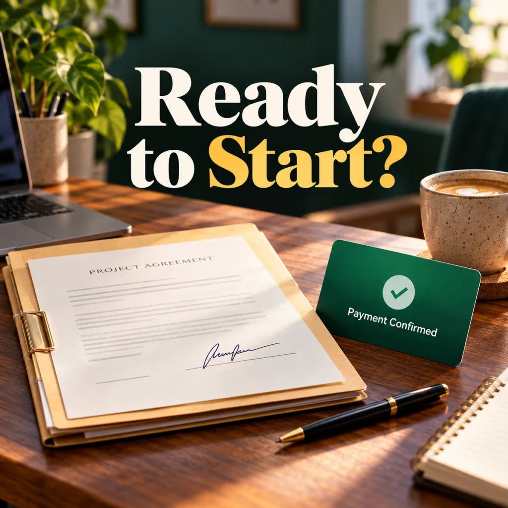 Signed project folder and confirmed payment card on a freelancer desk