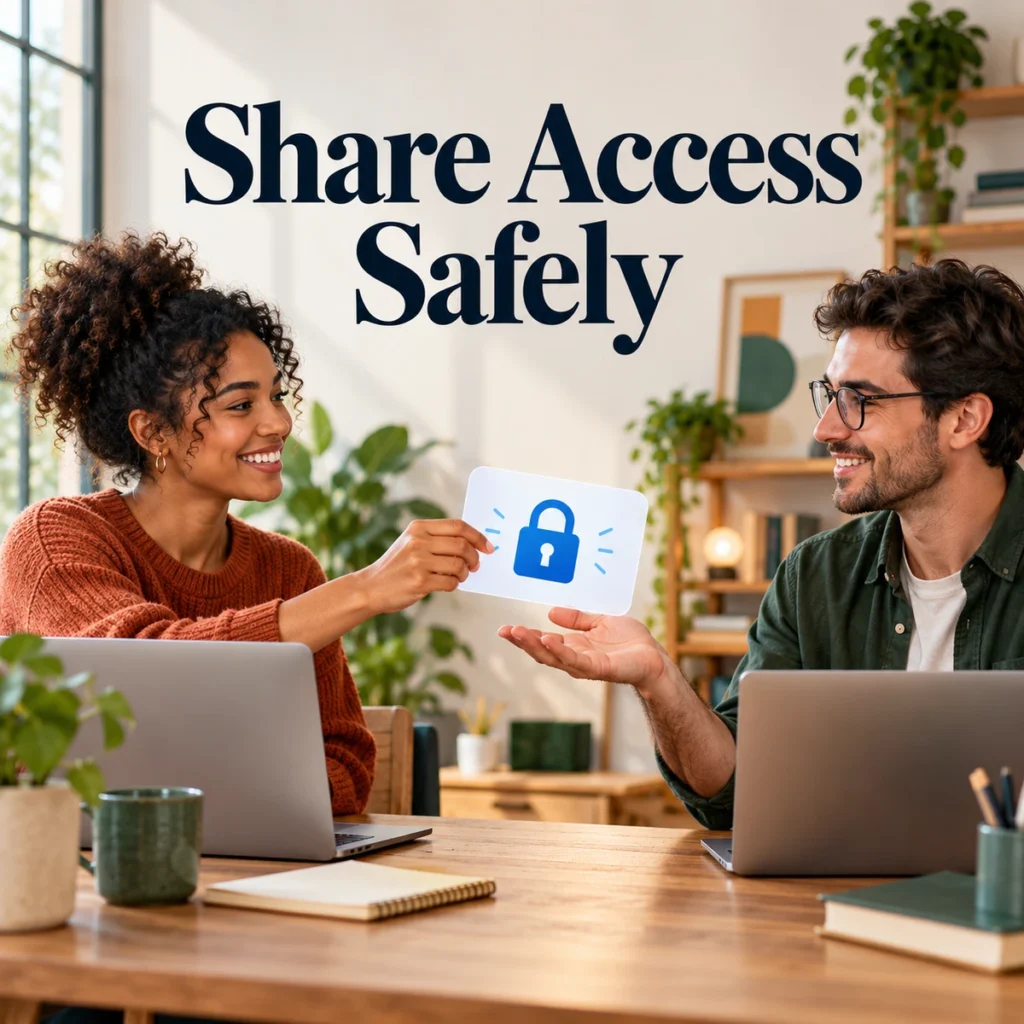 Two collaborators exchanging a digital access invitation illustrated by a lock, laptops in a studio