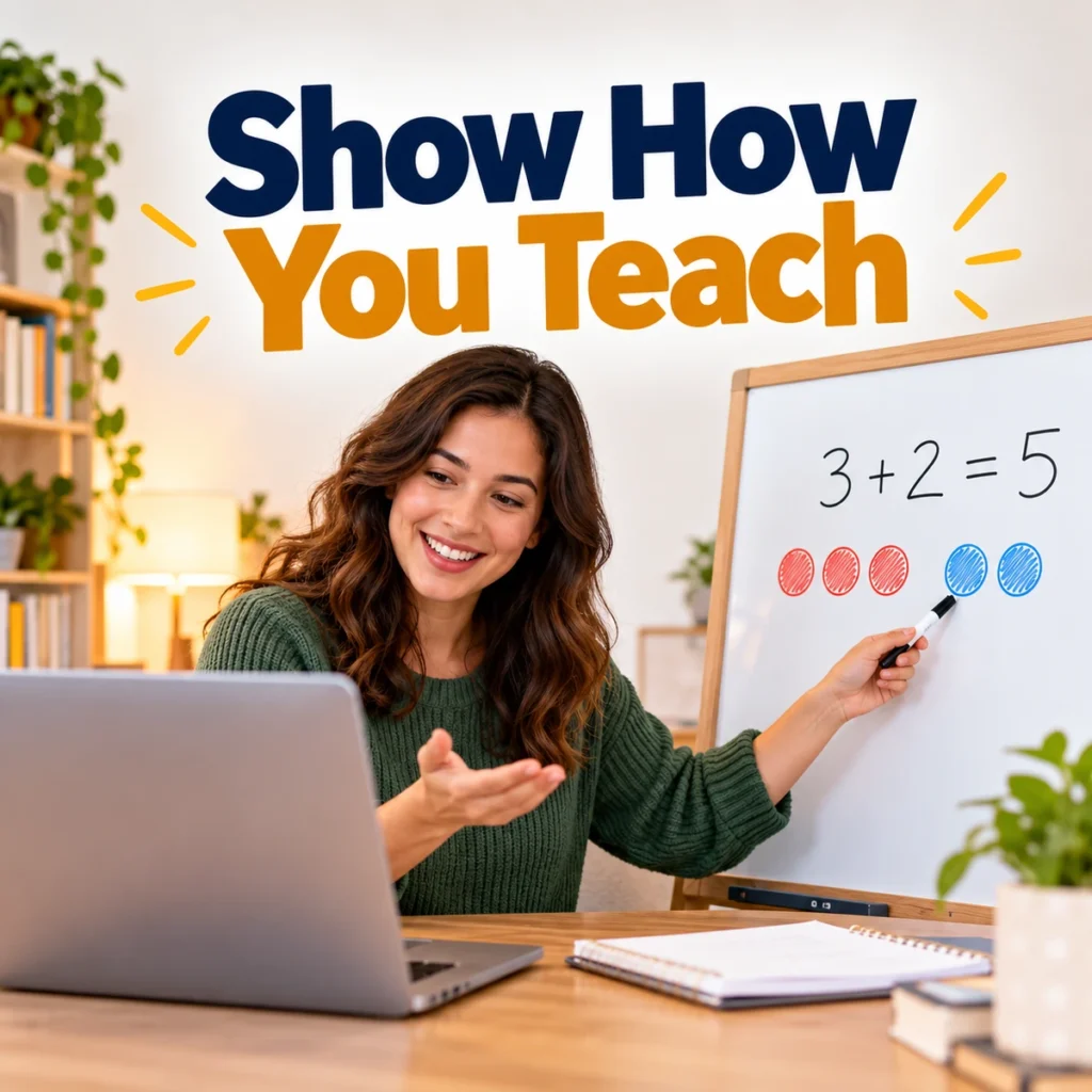Friendly tutor demonstrates a simple lesson on a whiteboard beside a laptop