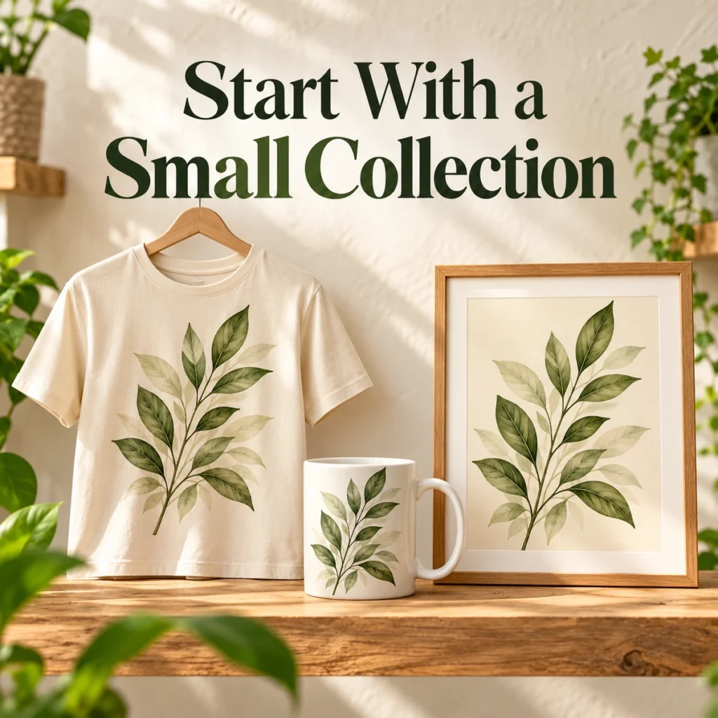 Three print-on-demand products: a botanical t-shirt, matching printed ceramic mug and framed art print