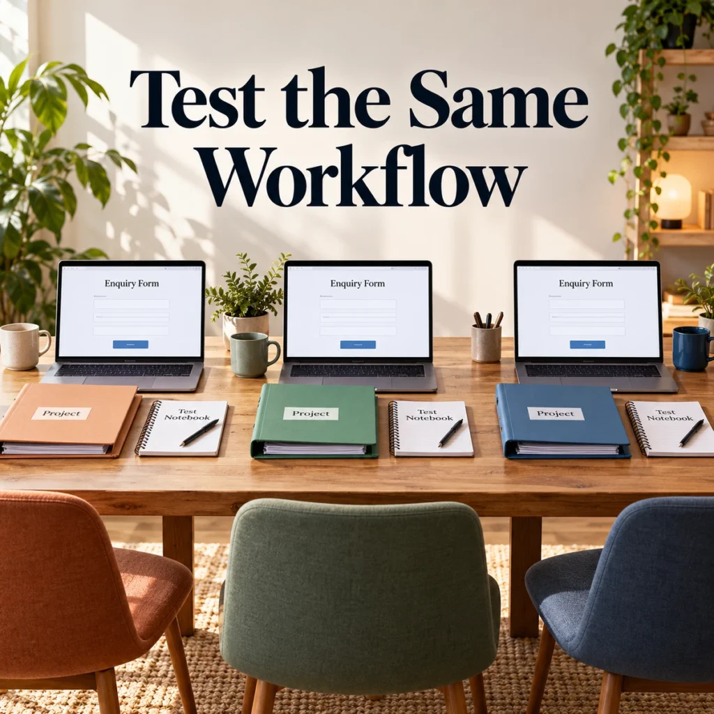 Three workstations with the same simple enquiry form and project folder, test notebook nearby