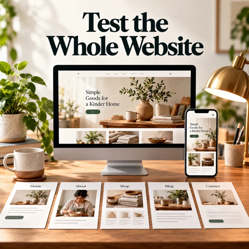 Small business website on desktop and phone beside five page-design cards