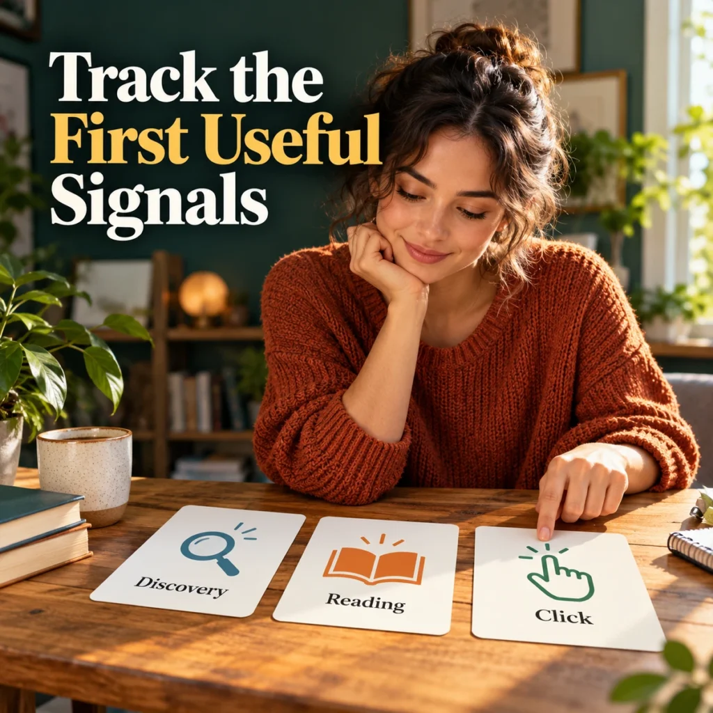 Creator reviewing simple discovery, reading and click symbols on three cards