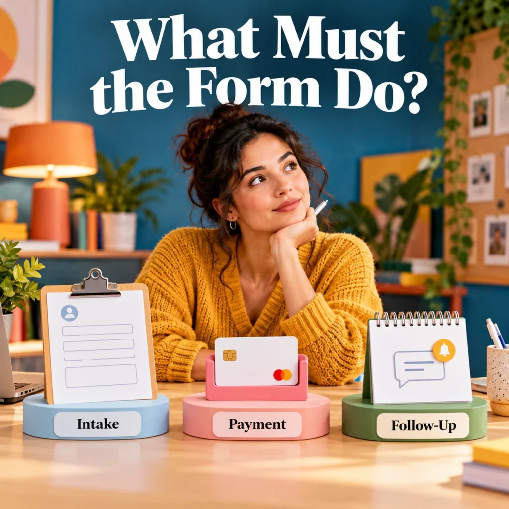 Entrepreneur decides between intake, payment and follow-up objects on a colorful studio desk