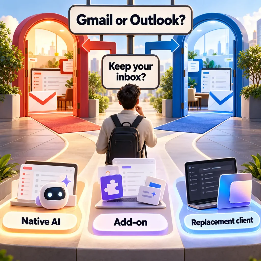 Decision map for choosing a Gmail or Outlook AI email assistant